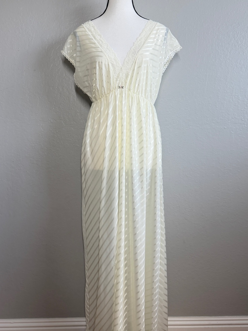 Vintage Another Glance 70s Coquette Maxi Nightgown Sheer Lace Empire Waist M L